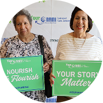 Two women holding cheerful signs promoting mental health awareness at a community event.