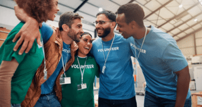 Group of diverse volunteers smiling and hugging in a warehouse environment